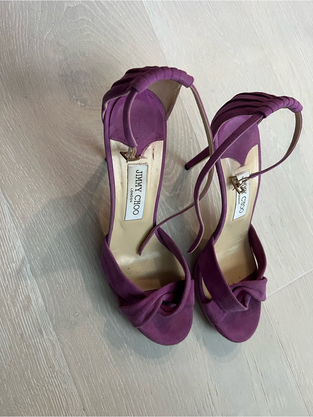 Jimmy Choo Purple Suede Twist-Strap Stiletto Sandals